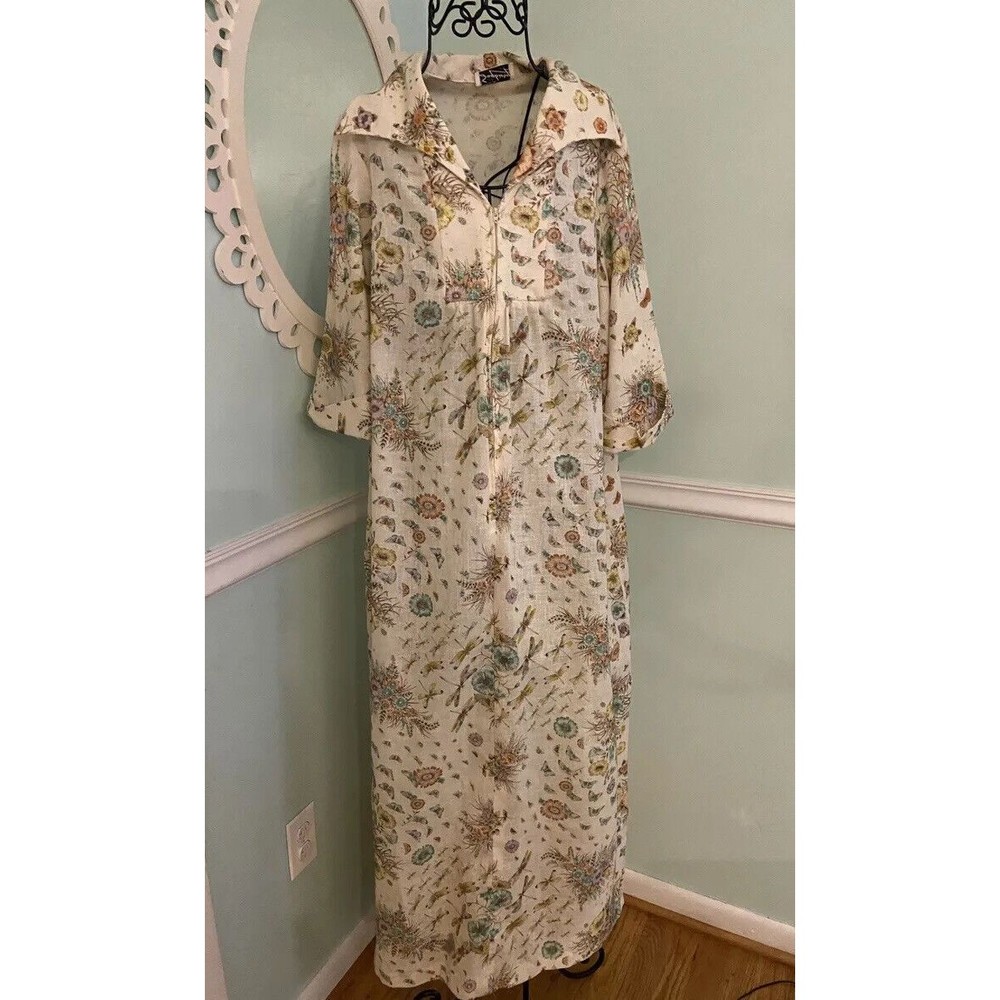 Vtg Styled By Saybury House‎ Dress House Coat Linen Dragonfly Floral Half Zip M